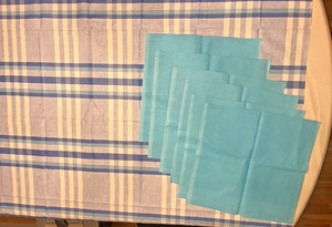 NEW VINTAGE TABLECLOTH 6 NAPKINS LINEN/COTTON BLUE/WHITE PLAID 68”*58”