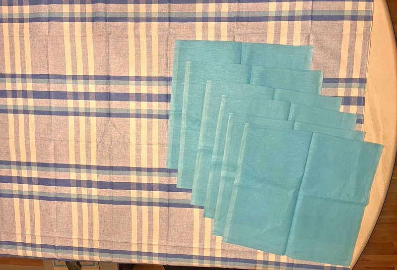 NEW VINTAGE TABLECLOTH 6 NAPKINS LINEN/COTTON BLUE/WHITE PLAID 68”*58”