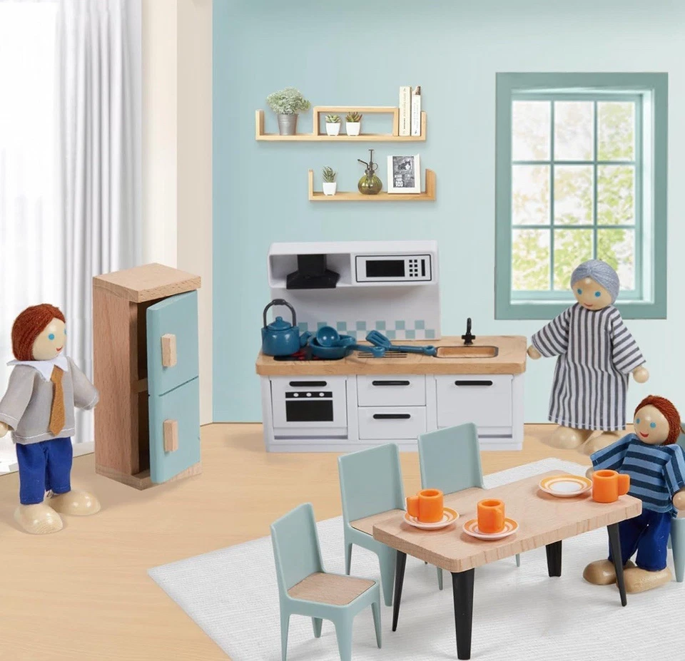 Giant bean 36pcs Wooden Dollhouse Furniture Set 5 Rooms 4 Family Dolls, Wood ... - Image 2 of 4