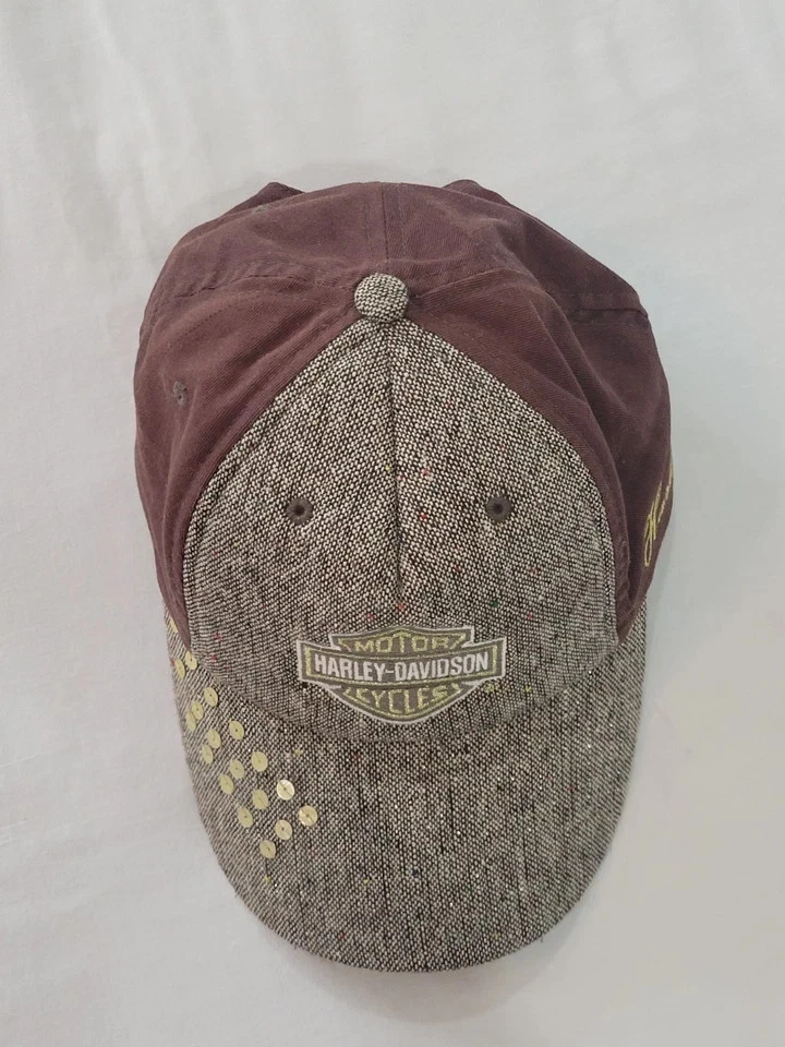 Harley Davidson Cap Women's OS Brown Gold Metallic Wool Blend Hat Tweed Sequins  - Image 3 of 4