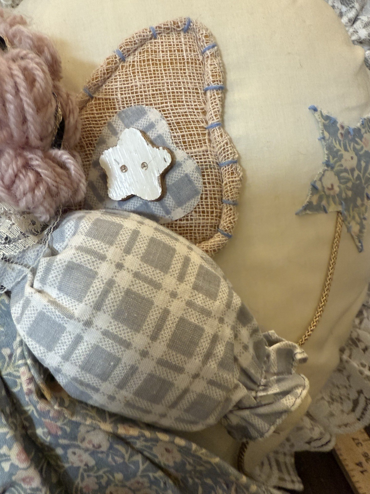 Vintage Country Angel Pillow 20x16 Handmade Lace Ruffle Farmhouse Décor