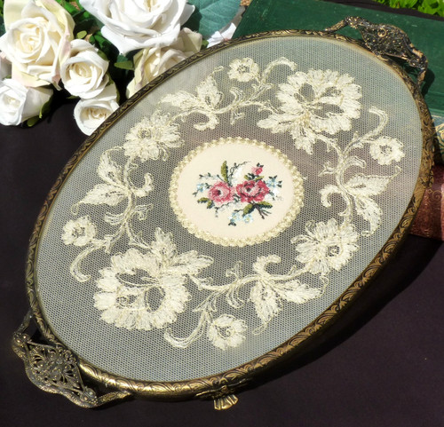 Embroidered Petit point tray oval lace & filigree Vintage 