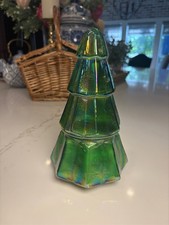 Iridescent Green Glass Christmas Tree Tealight Candle Holder Figurine