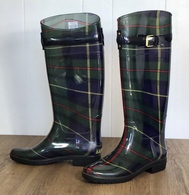 Vintage Classic Ralph Lauren Rossalyn Tall Green Plaid Shiny PVC Rain Boots Sz 7