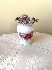 Pink, White Green French Beaded Flowers in Vintage Pink Luster Roses Vase
