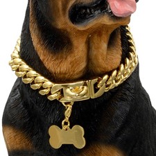 Gold Dog Chain Collar - 18K, Heavy Duty, Cuban Link, Secure Buckle, Chew Proof