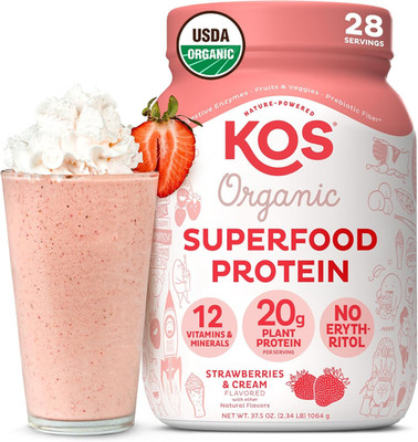 KOS Vegan Protein Powder, Strawberries & Cream USDA Organic - Low Carb Pea Prote