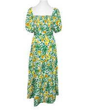 Ana Rose Maxi Dress Medium Floral Yellow Green Square Neck Smocked Puff Sleeve