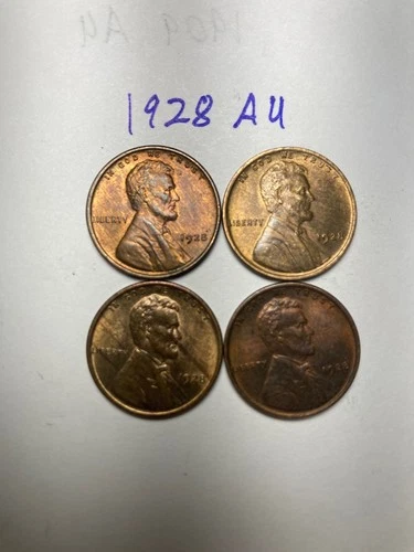 1928 (P) LINCOLN WHEAT CENT, NICE AU, ALMOST UNCIRCULATED, 4 coins