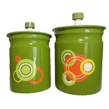 2 VTG Kromex Mod Metal Canisters Green Circles Plastic Lids USA 5460 5461