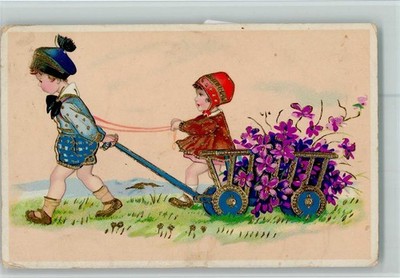 10507240 - Kinder ziehen eine Blumenkarre AL 2 Eckknicke Geburtstag 1935