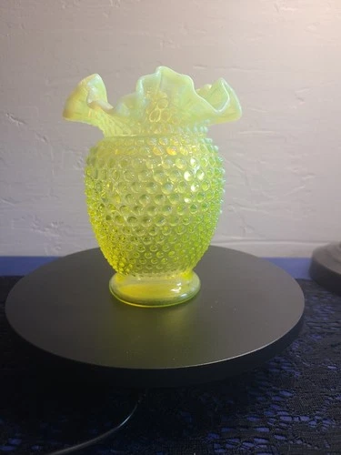 Vintage Fenton Topaz Hobnail Opalescent Vaseline Uranium Glass Vase
