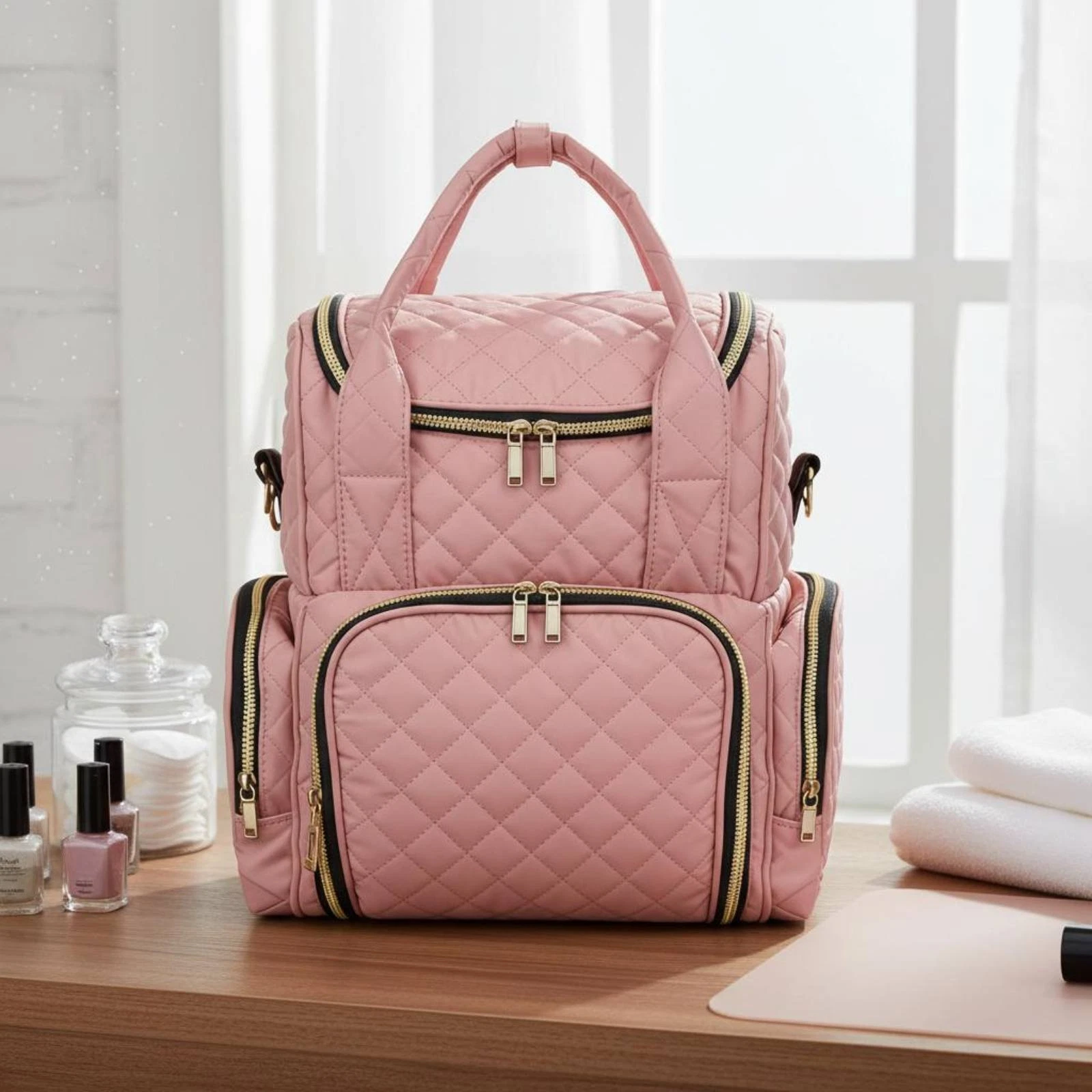 Double Tier Makeup Bag Multiple Pockets Quilted Cosmetic Container