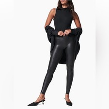 Spanx Faux Leather Leggings Very Black High Waisted Shaping Slimming Womens M