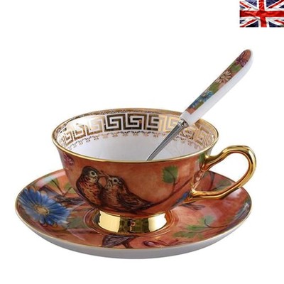 Vintage Euro Style Tasse & Untertasse Set - Handarbeit Vogel & Baum Muster mit Löffel