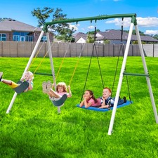 Hapfan 700lbs 7.3ft Heavy Duty Frame Metal Swing Set with 3 Swings Kids Backyard