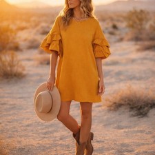 Zara Mustard Ruffle Sleeve Shift Dress Boho Cotton Mini Festival Golden Hour 