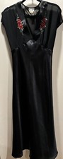 Vintage By Delicates Black W Embroidered Red Roses V Neck Slip Dress Size L
