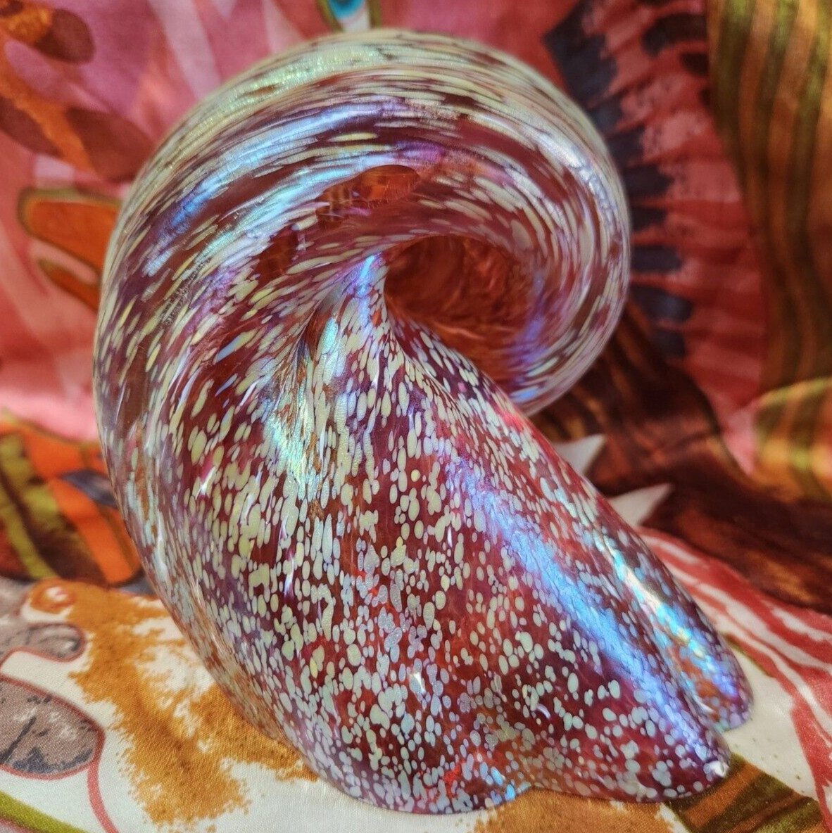 Cohn-Stone Handblown Shell Glass Paperweight Peach Gold/Purple Iridescence 2006