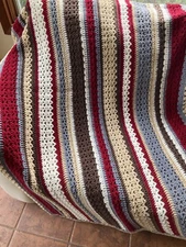 NEW-handmade afghan crocheted blanket V-stitch throw Red Gray Tan Wh Approx64x39