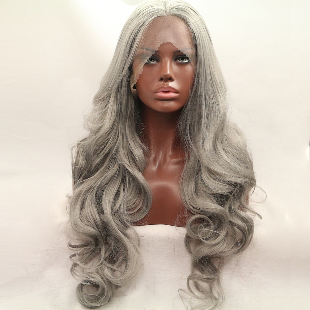 Silver Grey Lace Front Wig Long Hair Wavy Curly Middle Part