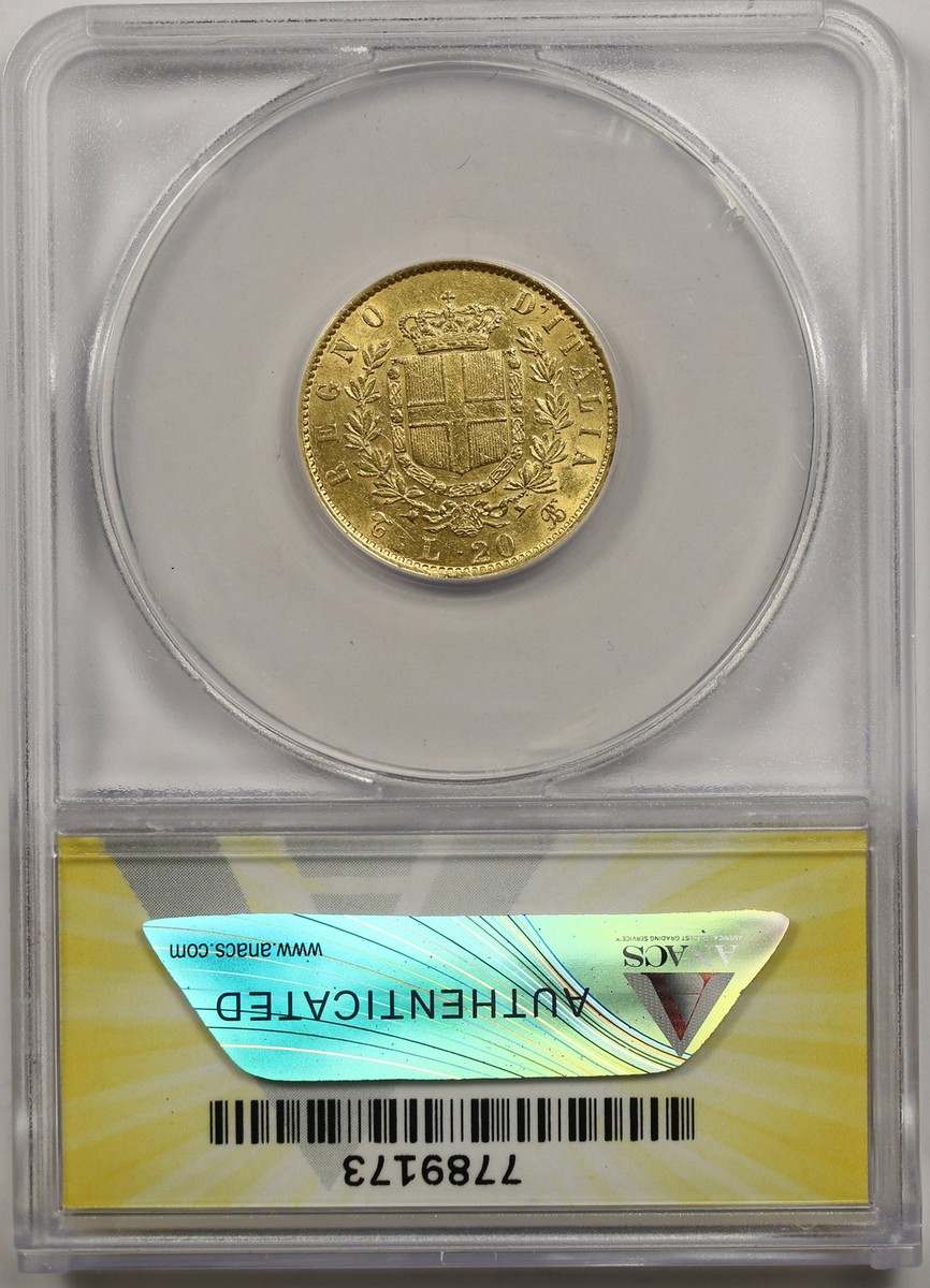 1863-T Italy Gold 20 Lire AU 55 ANACS | eBay