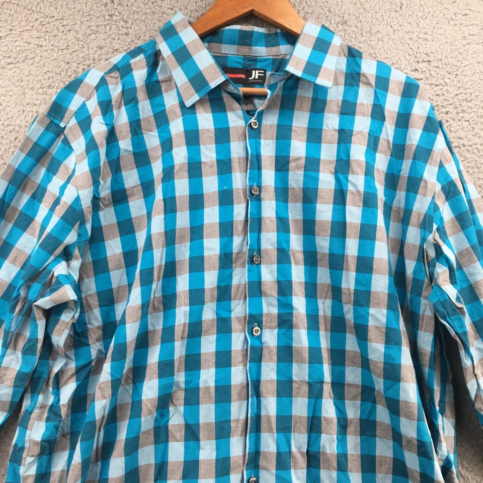 JF J.Ferrar Button Up Long Sleeve Shirt Mens XXL Blue Plaid Cotton Collared - Image 3 of 4