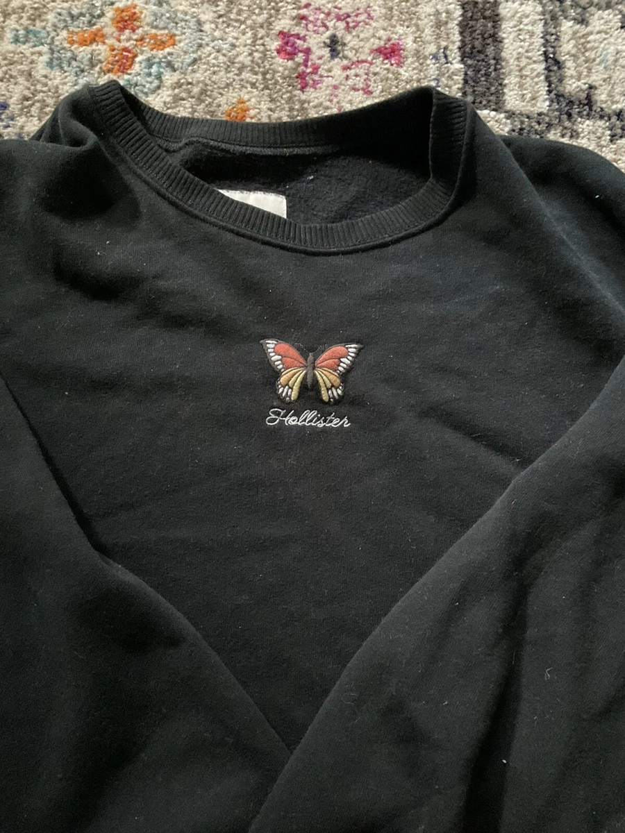Women s Hollister Black Butterfly Cropped Crewneck Sweatshirt Size L