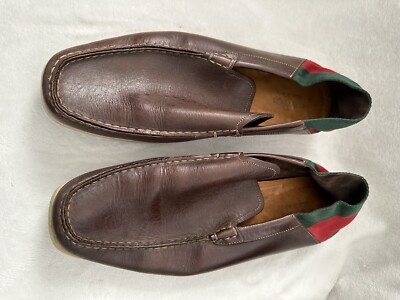 GUCCI BROWN LEATHER SLIP ON LOAFERS WITH BLUE + RED RIBBON HEEL SIZE 6.5 D GUCCI BROWN LEATHER SLIP ON LOAFERS WITH GREEN + RED RIBBON  main image 3