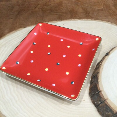 Kate Spade New York Lenox Trinket Dish/Tray, Sq Red, Colorful Dots, Gold Trim