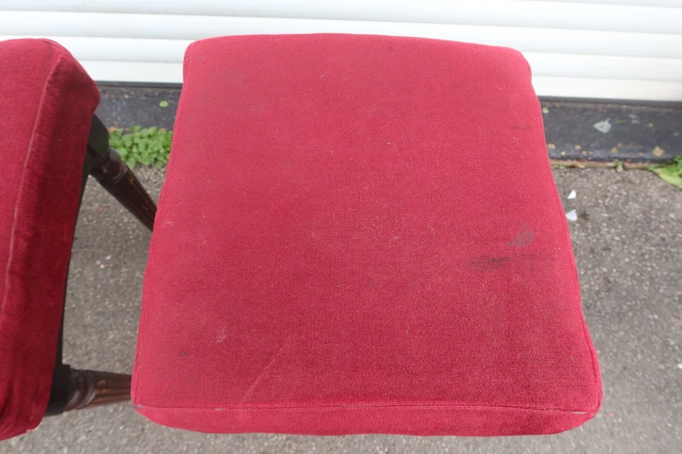 Pair of Two Vintage Pub Stools Red Square Upholstered Top Wooden Mahogany? Legs - Image 3 of 4
