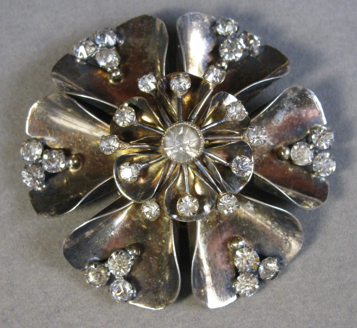Vintage Sterling Silver Large Rhinestone Brooch RARE SANDOR 23.9g