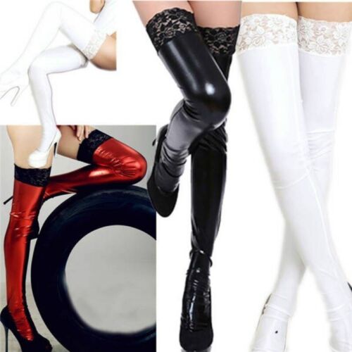 Women Lace Faux Leather PVC Stockings Socks Clubwear Punk Party Black White - Picture 2 of 12