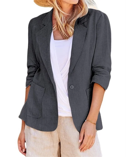 Mujeres Blazer de Algodón Manga 3/4 Acanalado Forrado Traje Informal Elegante Chaqueta de Trabajo Asiática - Imagen 7 de 33