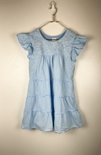 J.Marie Kennedy Blue Stripe Embroidered Tiered Flutter Sleeve Dress Cotton L