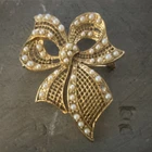 Vintage Gold Bulgarian Bow Brooch Costume Jewelry, Lattice, Lacey 2.75” x 1.34”