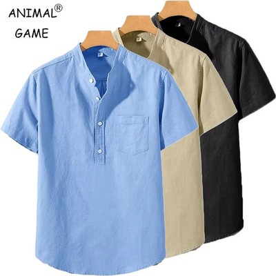 Men s Breathable Cotton Stand Collar T-Shirt Summer Casual Pocket Top Tee Gift