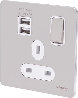  Einzelsteckdose mit 2 x USB Pearl Nickel, weißer Einsatz ohne Schrauben von Schneider