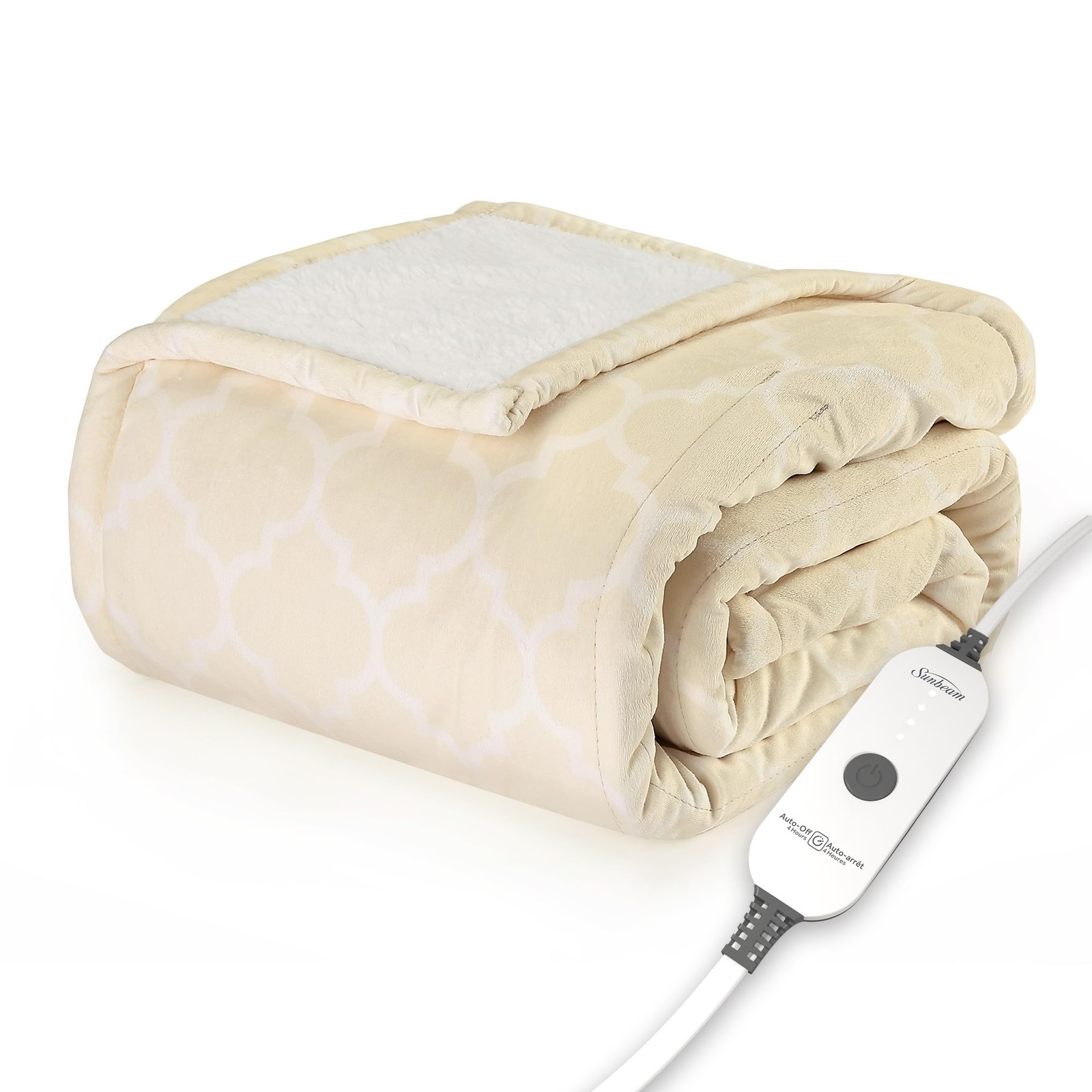 SUNBEAM ROYAL MINK SHERPA CHAMPAGNE LATTICE HEATED BLANKET 3