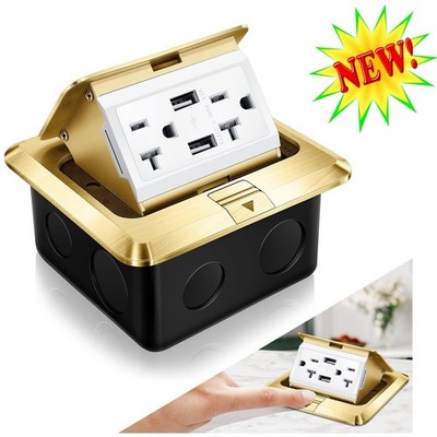 Gold Pop Up Floor Outlet Box 20A Tamper Resistant 4.8A USB Charger Kit NIB
