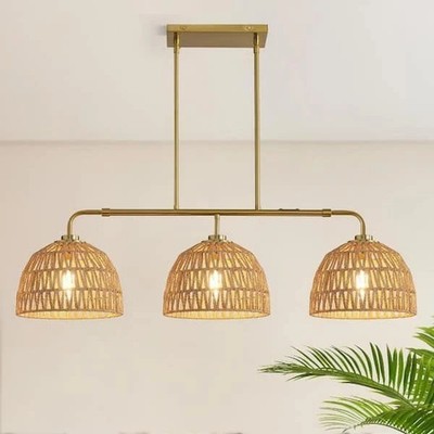 KAISITE 60-Watt 3-Light Vintage Gold Rattan Pendant Light with 3000K Warm Light