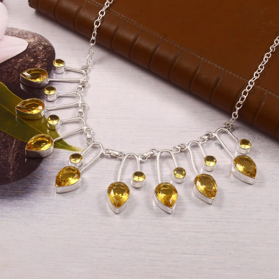 Collar de plata de ley 925 corte rosa amarillo citrino piedras preciosas hecho a mano joyería Foto 2 de 3