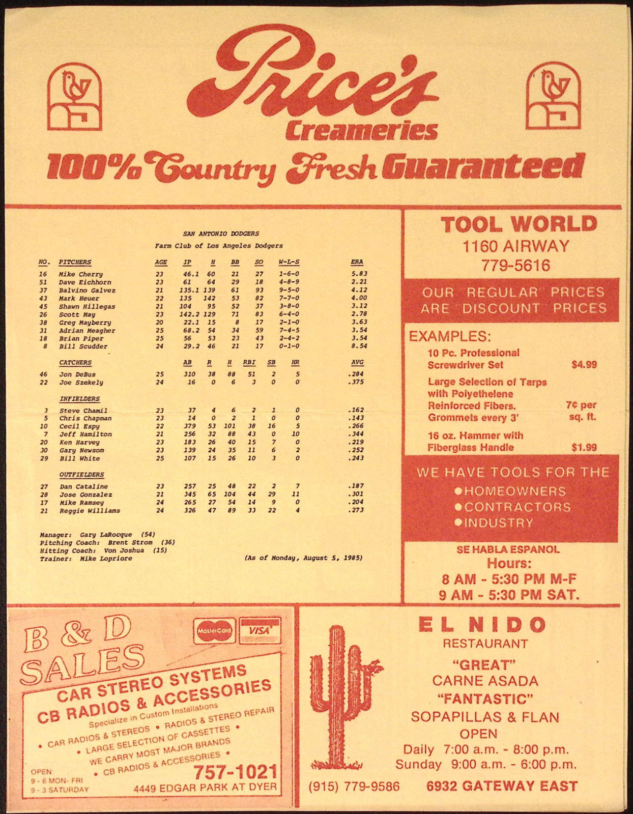 1985 San Antonio Dodgers vs El Paso Diablos Scorecard Chris Bosio Dan Plesac