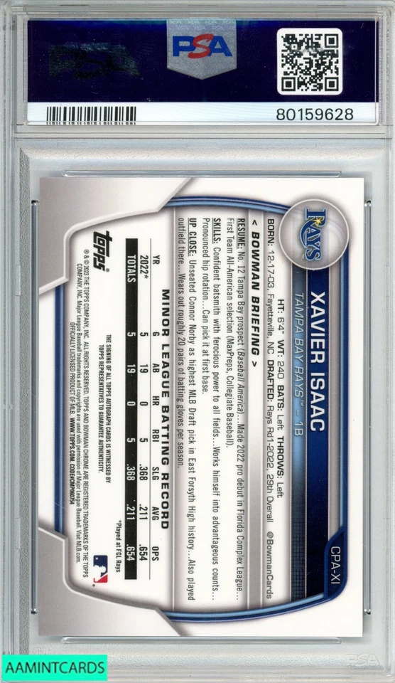 2023 BOWMAN CHROME PROSPECT AUTO XAVIER ISAAC #CPAXI PURPLE OF 250 1ST RC PSA 10 - Image 2 of 3