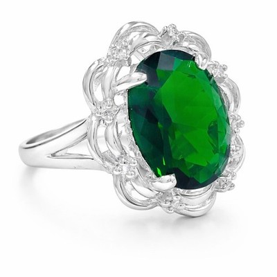 LAB CREATED 6,85 kt SMARAGD & ECHTER DIAMANT RING 0,925 Silber - Made in USA