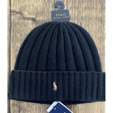 Polo Ralph Lauren Signature Wool Blend Cuffed Beanie Black Tan Pony NWT
