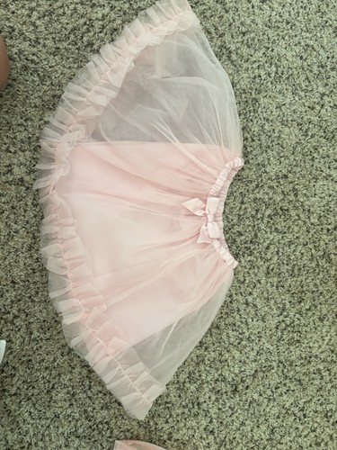 Girls Pink & White Elastic Stretch Tulle Tutu Skirt Costume w/ White Gloves