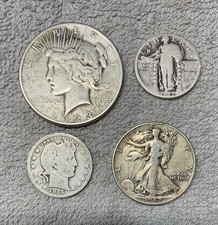 Old U.S. coins lot of 4 - 1923 S peace dollar  + Half + 2 Q  - All 90% Silver.