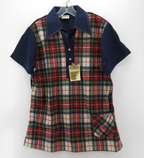 VTG King Louie Polo Shirt Women Large Blue Bowling Shirt 70s Tartan Plaid 38 NEW