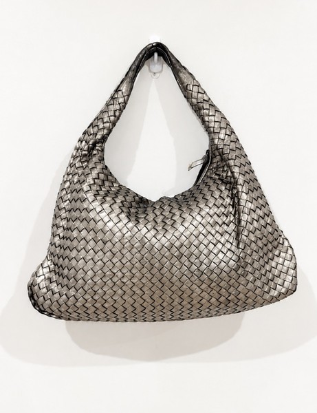 Bottega Veneta Woven Metallic Bronze Leather Shoulder Bag Zip Top